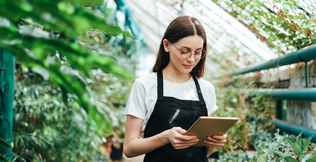 Woman gardener in apron working in a garden center. Environmentalist using tablet computer in greenhouse.