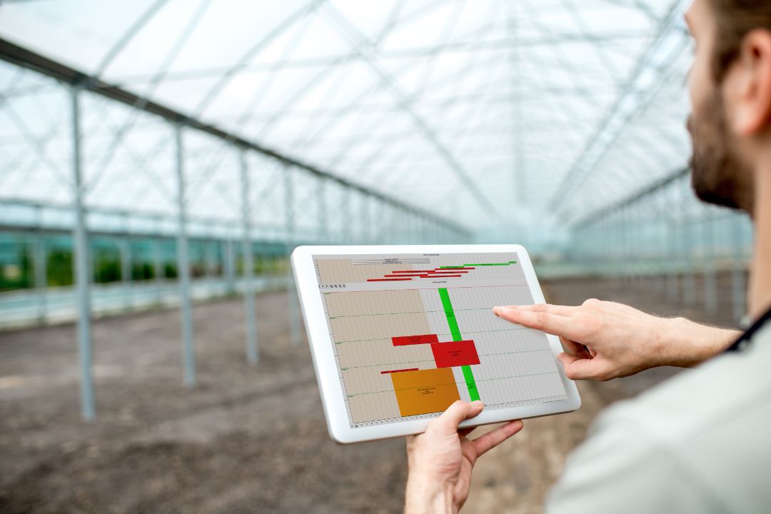 Farmer holding digital tablet with project of the future plantation in the glasshouse